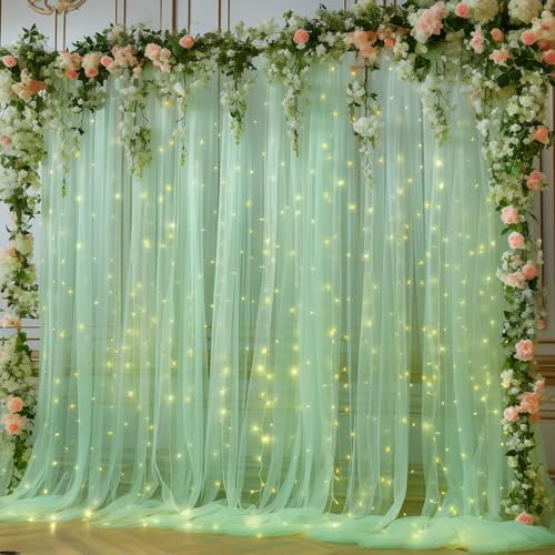 10x8ft Olive Green Tulle Backdrop Curtain with Lights String for Parites, Sheer Photo Backdrop Curtains for Easter Wedding Baby Shower Birthday Party Photo Shoot Decorations