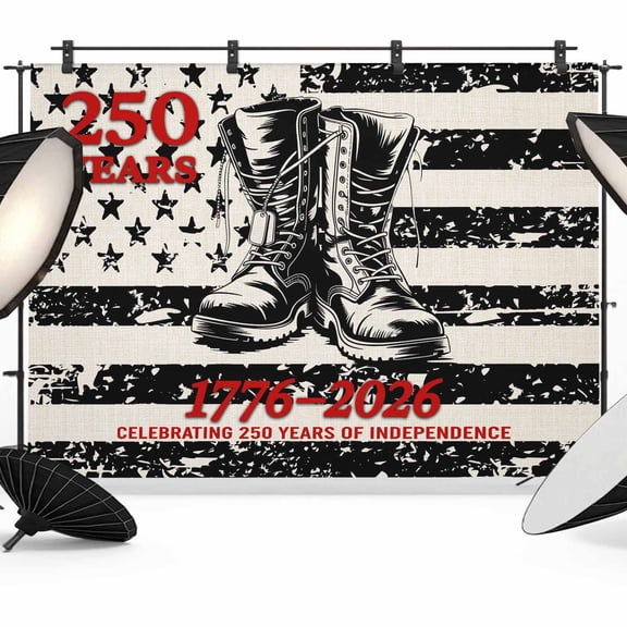 10x8ft Photo Backdrop, 250 Anniversary Soft Polyester Backdrop Curtains Photography Backdrops, Vintage Black Stripes Boots Satrs 1776-2026 Brushed Background for Photoshoots Studio Video Portrait