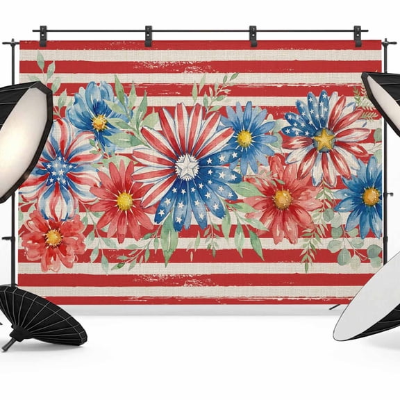 10x8ft Photo Backdrop, 4th of July Soft Polyester Backdrop Curtains Photography Backdrops, Daisy Botanical Leaves Red Striped Independence Brushed Background for Photoshoots Studio Video Portrait