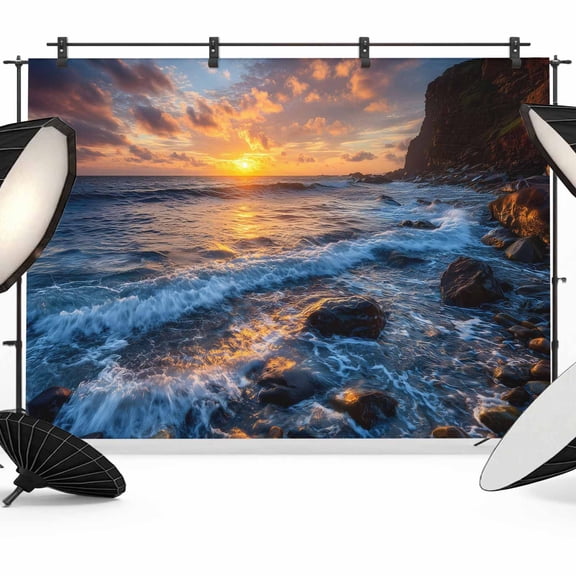 10x8ft Photo Backdrop, Beach Reef Soft Polyester Backdrop Curtains Photography Backdrops, Beach Sunset Ocean Waves Natural Scenery Brushed Background for Photoshoots Studio Video Portrait Parties