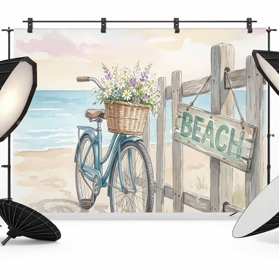 10x8ft Photo Backdrop, Beach Scenery Soft Polyester Backdrop Curtains Photography Backdrops, Watercolor Retro Bicycle Flowers Basket Country Brushed Background for Photoshoots Studio Video Portrait