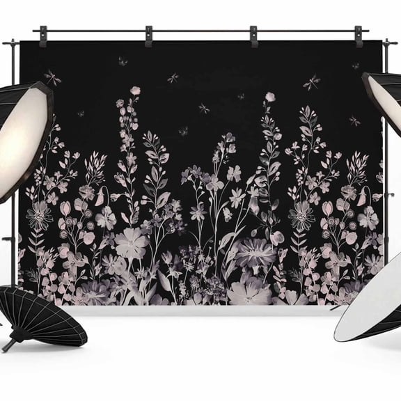 10x8ft Photo Backdrop, Black Botanical Soft Polyester Backdrop Curtains Photography Backdrops, Dragonfly Flower Leaf Retro Style Brushed Background for Photoshoots Studio Video Portrait Parties