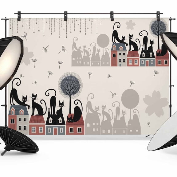 10x8ft Photo Backdrop, Black Cat Soft Polyester Backdrop Curtains Photography Backdrops, Cartoon Modern Art Brushed Background for Photoshoots Studio Video Portrait Parties