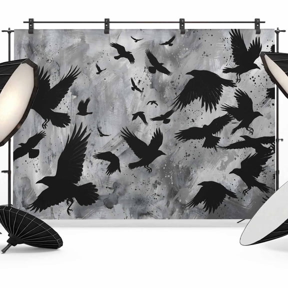 10x8ft Photo Backdrop, Black Crow Birds Soft Polyester Backdrop Curtains Photography Backdrops, Abstract Spooky Grey Sky Wings Brushed Background for Photoshoots Studio Video Portrait Parties