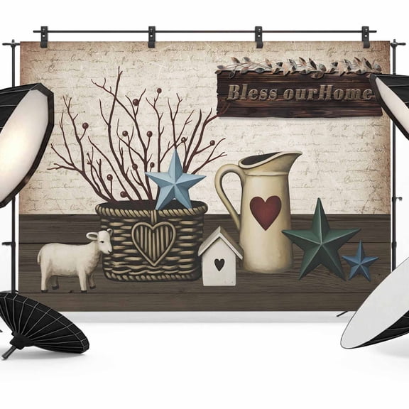10x8ft Photo Backdrop, Bless OurHome Soft Polyester Backdrop Curtains Photography Backdrops, Farmhouse Pots Texas Stars Retro Wooden Plank Brushed Background for Photoshoots Studio Portrait Parties
