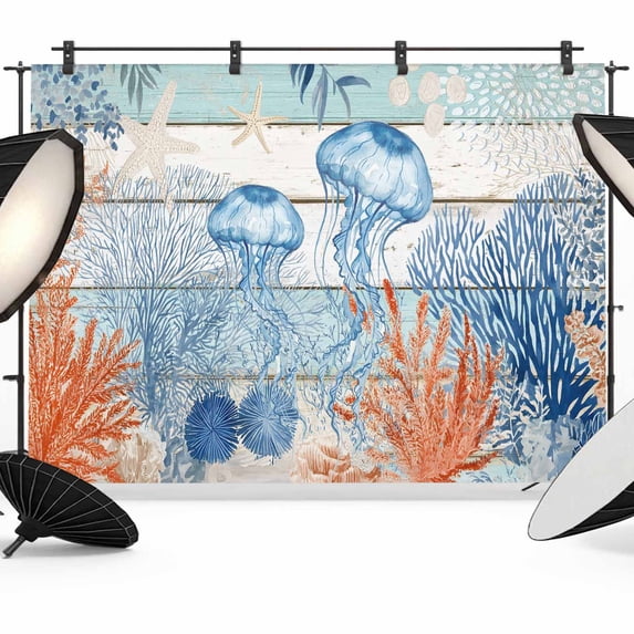 10x8ft photo backdrop, starfish coastal soft polyester... 10x8ft Photo Backdrop, Blue Coastal Jellyfish Soft Polyester Backdrop ...