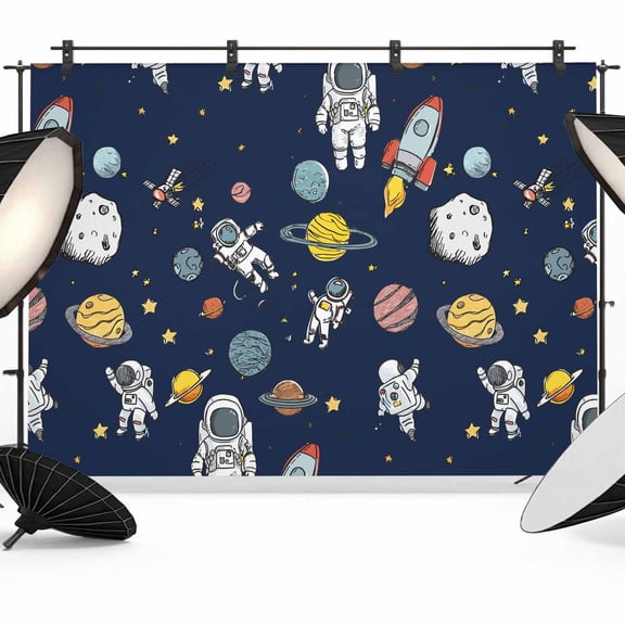 10x8ft Photo Backdrop, Blue Space Soft Polyester Backdrop Curtains Photography Backdrops, Cartoon Cute Spaceship Planet Star Funny Brushed Background for Photoshoots Studio Video Portrait Parties