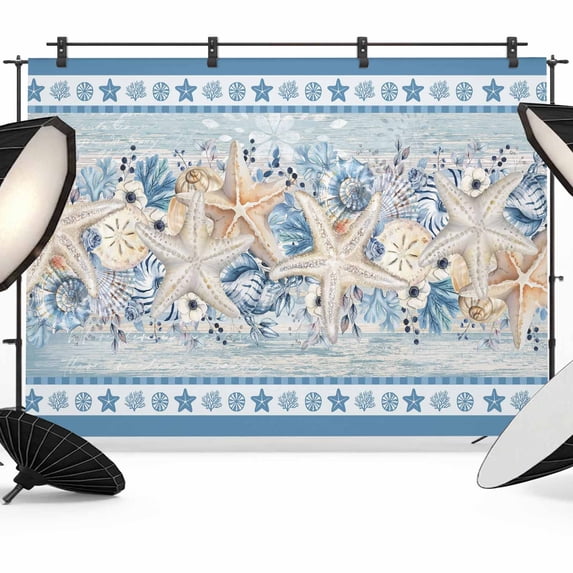 Shell Cloth Backdrop 10x8ft Photo Backdrop, Blue Starfish Coastal Soft Polyester Backdrop ...
