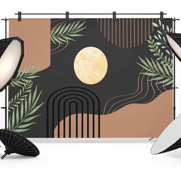 10x8ft Photo Backdrop, Boho Black Soft Polyester Backdrop Curtains Photography Backdrops, Brown Modern Stripes Moon Abstract Leaf Brushed Background for Photoshoots Studio Video Portrait Parties