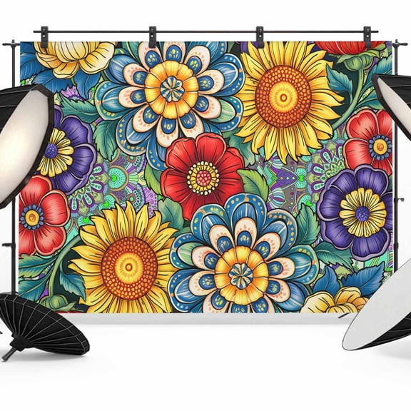 10x8ft Photo Backdrop, Boho Colorful Floral Soft Polyester Backdrop Curtains Photography Backdrops, Spring Flower Botanical Sunflowers Plant Brushed Background for Photoshoots Studio Portrait Parties