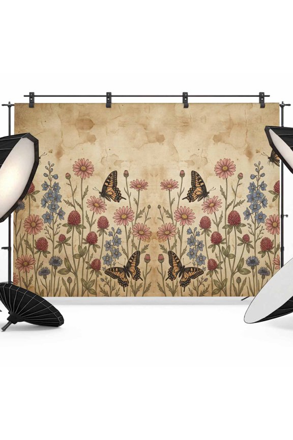 10x8ft Photo Backdrop, Botanical Butterfly Meadow Soft Polyester Backdrop Curtains Photography Backdrops, Shabby Wildflowers Distressed Brushed Background for Photoshoots Studio Video Portrait Party