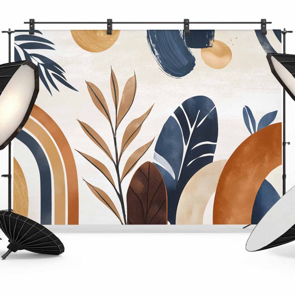 10x8ft Photo Backdrop, Brown Nave Blue Boho Soft Polyester Backdrop Curtains Photography Backdrops, Modern Geometric Botanical Brushed Background for Photoshoots Studio Video Portrait Parties
