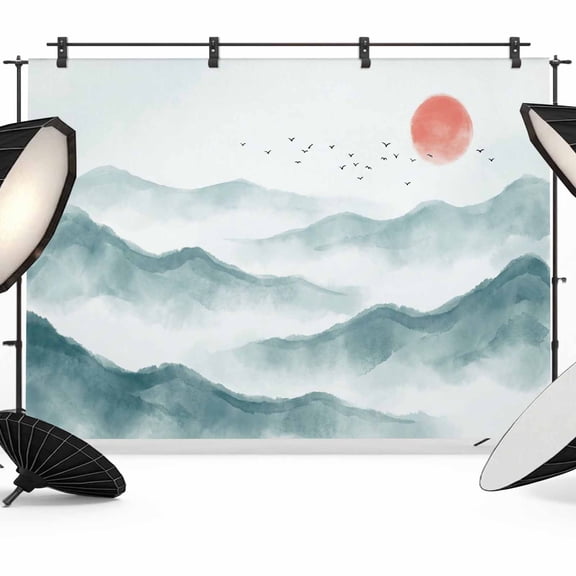 10x8ft Photo Backdrop, Chinese Ink Soft Polyester Backdrop Curtains Photography Backdrops, Abstract Art Mountain Red Sun Brushed Background for Photoshoots Studio Video Portrait Parties