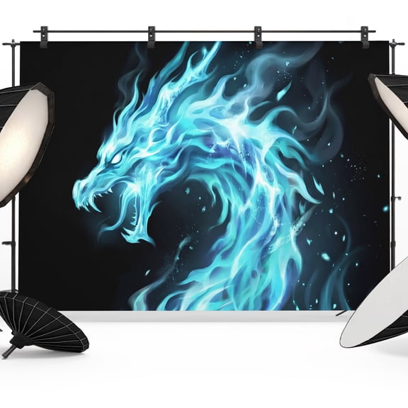 10x8ft Photo Backdrop, Chinese Style Soft Polyester Backdrop Curtains Photography Backdrops, Chic Blue Dragon Gradient Fire Black Brushed Background for Photoshoots Studio Video Portrait Parties