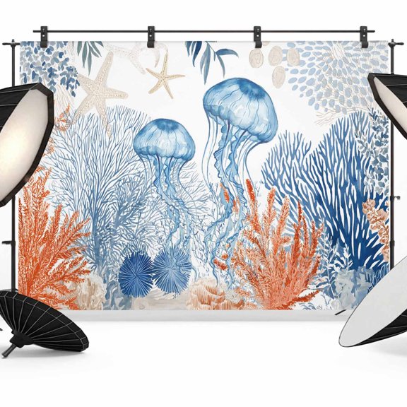 10x8ft Photo Backdrop, Coastal Jellyfish Soft Polyester Backdrop Curtains Photography Backdrops, Ocean Nautical Starfish Coral Leaves Brushed Background for Photoshoots Studio Video Portrait Parties
