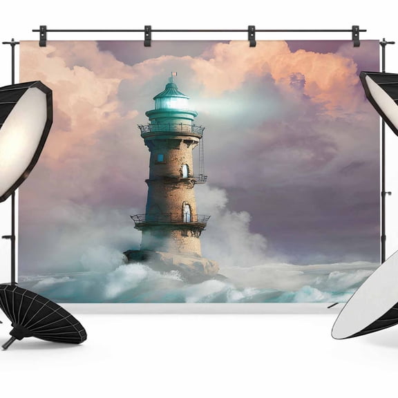 10x8ft Photo Backdrop, Coastal Lighthouse Soft Polyester Backdrop Curtains Photography Backdrops, Fancy Cloud Ocean Waves Summer Brushed Background for Photoshoots Studio Video Portrait Parties