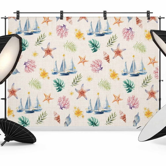 10x8ft Photo Backdrop, Coastal Nautical Soft Polyester Backdrop Curtains Photography Backdrops, Summer Ocean Theme Conch Ship Leaves Brushed Background for Photoshoots Studio Video Portrait Parties