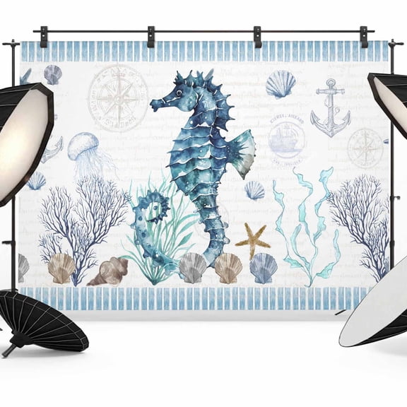 10x8ft Photo Backdrop, Coastal Seahorse Soft Polyester Backdrop Curtains Photography Backdrops, Nautical Starfish Shell Seaweed Anchor Brushed Background for Photoshoots Studio Video Portrait Parties