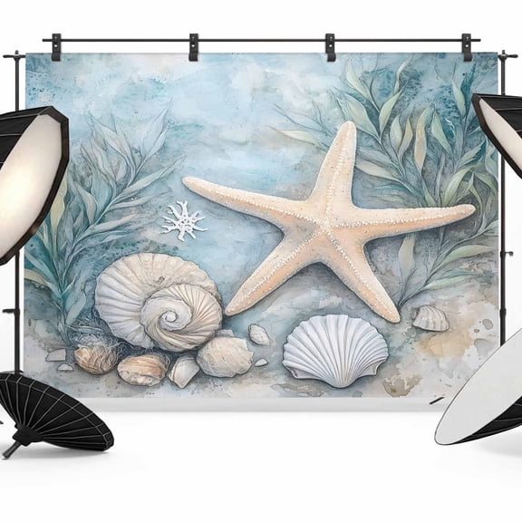 10x8ft Photo Backdrop, Coastal Starfish Soft Polyester Backdrop Curtains Photography Backdrops, Beach Summer Starfish Nautical Shell Blue Brushed Background for Photoshoots Studio Portrait Parties