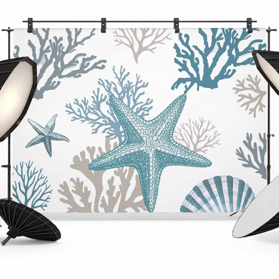 10x8ft Photo Backdrop, Coastal Starfish Soft Polyester Backdrop Curtains Photography Backdrops, Blue Ocean Coral Conch Beach Nautical Brushed Background for Photoshoots Studio Video Portrait Parties