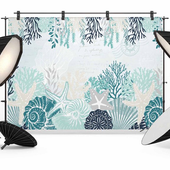 10x8ft Photo Backdrop, Coastal Starfish Soft Polyester Backdrop Curtains Photography Backdrops, Ocean Weeping Coral Beach Conch Turquoise Brushed Background for Photoshoots Studio Video Portrait