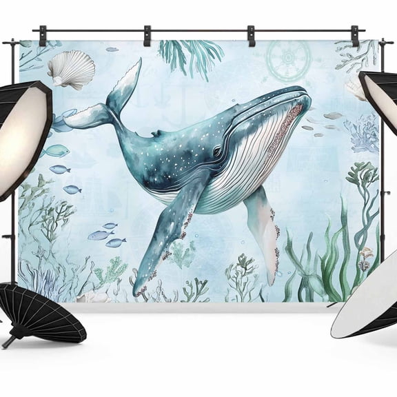 10x8ft Photo Backdrop, Coastal Whale Soft Polyester Backdrop Curtains Photography Backdrops, Nautical Ocean Shells Seaweed Coral Brushed Background for Photoshoots Studio Video Portrait Parties