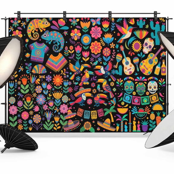 10x8ft Photo Backdrop, Colorful Cartoon Soft Polyester Backdrop Curtains Photography Backdrops, Funny Flowers Guitar Animals Ethnic Art Brushed Background for Photoshoots Studio Portrait Parties