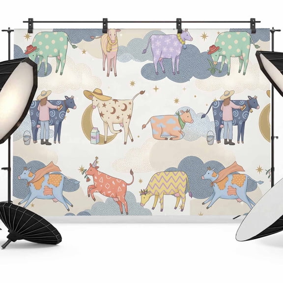 10x8ft Photo Backdrop, Colorful Cow Print Soft Polyester Backdrop Curtains Photography Backdrops, Funny Farmhouse Animals Hand Drawn Brushed Background for Photoshoots Studio Video Portrait Parties
