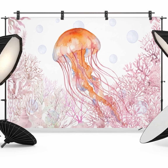 10x8ft Photo Backdrop, Coral Jellyfish Coastal Soft Polyester Backdrop Curtains Photography Backdrops, Summer Ocean Coral Pink Brushed Background for Photoshoots Studio Video Portrait Parties