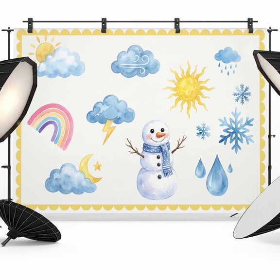 10x8ft Photo Backdrop, Cute Snowman Soft Polyester Backdrop Curtains Photography Backdrops, Yellow Weather Snowy Rainy Sun Rainbow Brushed Background for Photoshoots Studio Video Portrait Parties