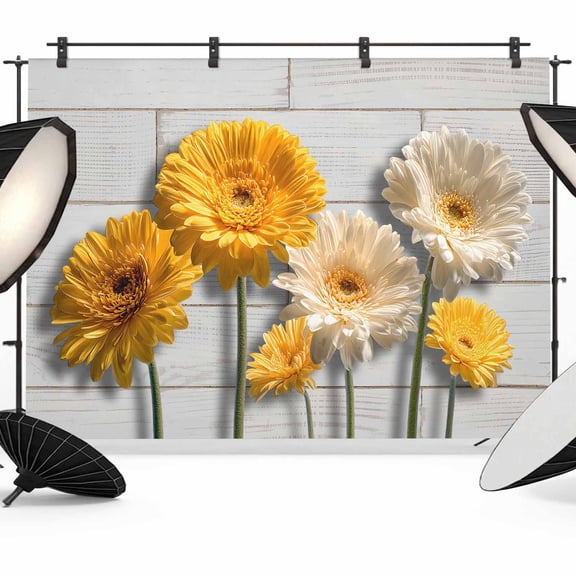 10x8ft Photo Backdrop, Daisy Flower Soft Polyester Backdrop Curtains Photography Backdrops, Yellow Gray Floral Minimalist White Bricks Brushed Background for Photoshoots Studio Video Portrait Parties