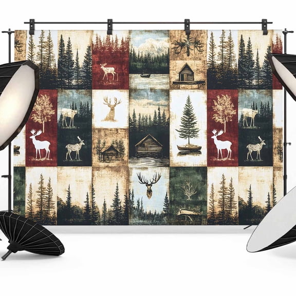 10x8ft Photo Backdrop, Forest Elk Soft Polyester Backdrop Curtains Photography Backdrops, Farmhouse Pine Tree Rustic Green Red Brushed Background for Photoshoots Studio Video Portrait Parties