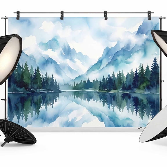 10x8ft Photo Backdrop, Forest Mountain Soft Polyester Backdrop Curtains Photography Backdrops, Watercolor Natural Trees Lake Landscape Brushed Background for Photoshoots Studio Video Portrait Parties