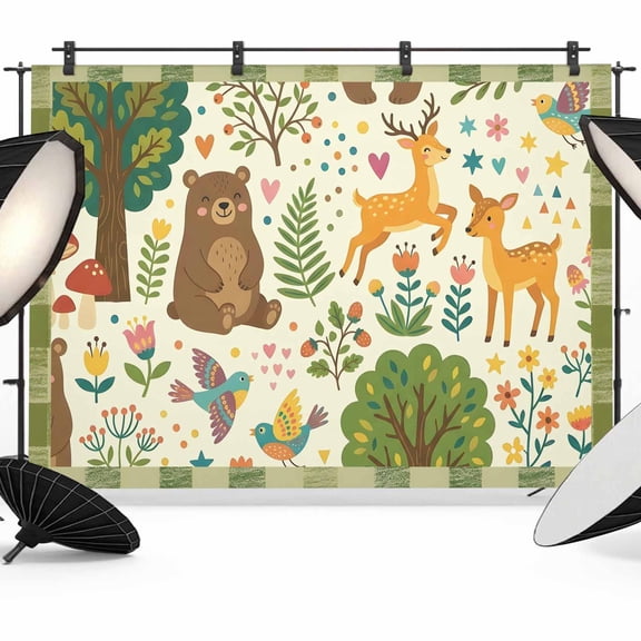 10x8ft Photo Backdrop, Green Beige Forest Animals Soft Polyester Backdrop Curtains Photography Backdrops, Cartoon Deer Bears Botanical Brushed Background for Photoshoots Studio Video Portrait Parties