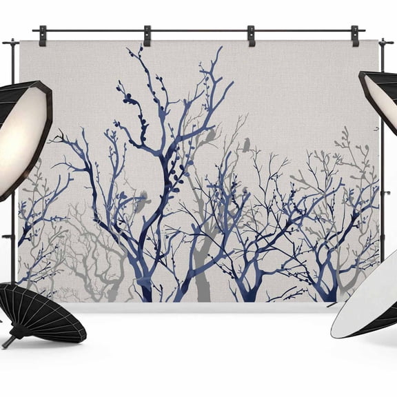 10x8ft Photo Backdrop, Grey Navy Blue Tree Soft Polyester Backdrop Curtains Photography Backdrops, Country Rustic Botanical Branch Brushed Background for Photoshoots Studio Video Portrait Parties