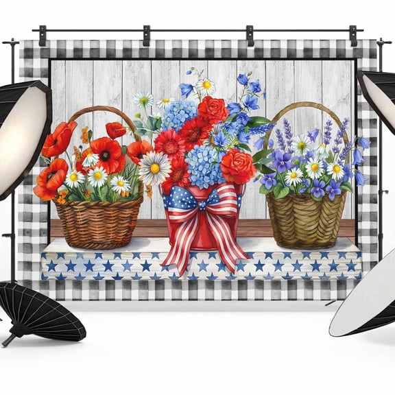 10x8ft Photo Backdrop, Independence Day Soft Polyester Backdrop Curtains Photography Backdrops, Hydrangea Poppy Floral Summer Wood Plaid Brushed Background for Photoshoots Studio Video Portrait Party