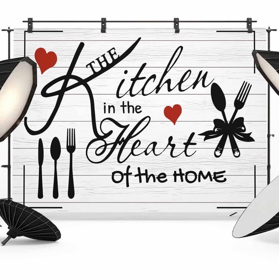 10x8ft Photo Backdrop, Kitchen Tableware Soft Polyester Backdrop Curtains Photography Backdrops, Red Love Heart Black Words Vintage Brushed Background for Photoshoots Studio Video Portrait Parties
