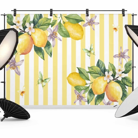 10x8ft Photo Backdrop, Lemon Flower Soft Polyester Backdrop Curtains Photography Backdrops, Yellow Vertical Stripes Butterfly Farmhouse Brushed Background for Photoshoots Studio Portrait Parties