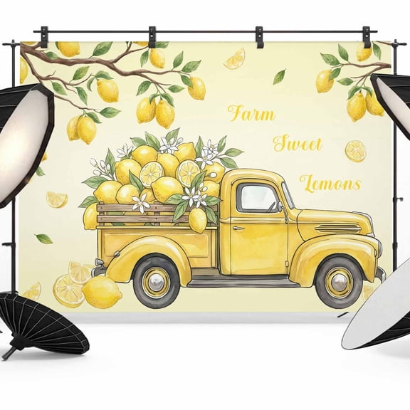 10x8ft Photo Backdrop, Lemon Truck Soft Polyester Backdrop Curtains Photography Backdrops, Summer Tropical Lemon Fruits Yellow Brushed Background for Photoshoots Studio Video Portrait Parties