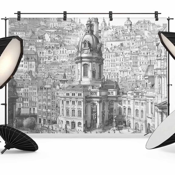 10x8ft Photo Backdrop, Middle Century Soft Polyester Backdrop Curtains Photography Backdrops, European Vintage Landmark Buildings Grey Brushed Background for Photoshoots Studio Video Portrait Parties