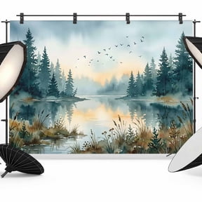 10x8ft Photo Backdrop, Nature Forest Soft Polyester Backdrop Curtains Photography Backdrops, Watercolor Pine Trees Lake Landscape Brushed Background for Photoshoots Studio Video Portrait Parties