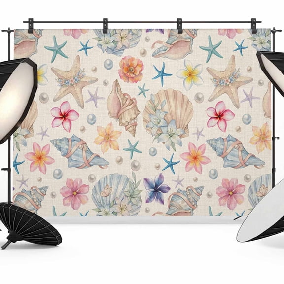 10x8ft Photo Backdrop, Nautical Coastal Soft Polyester Backdrop Curtains Photography Backdrops, Summer Ocean Shell Starfish Floral Brushed Background for Photoshoots Studio Video Portrait Parties