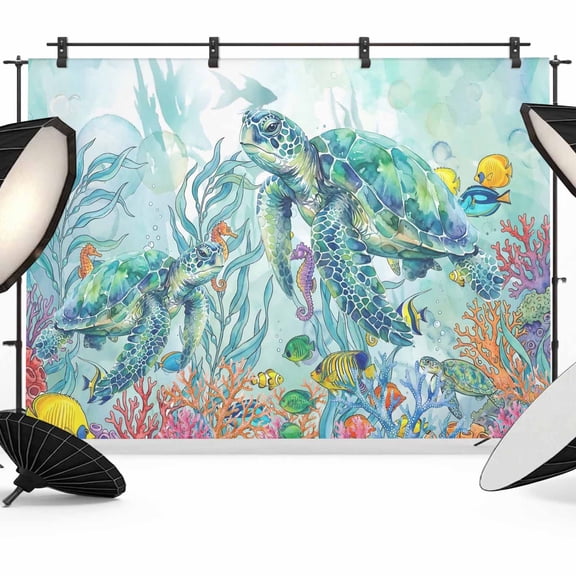 10x8ft Photo Backdrop, Nautical Coastal Soft Polyester Backdrop Curtains Photography Backdrops, Underwater Animals Turtle Seaweed Coral Green Brushed Background for Photoshoots Studio Video Portrait