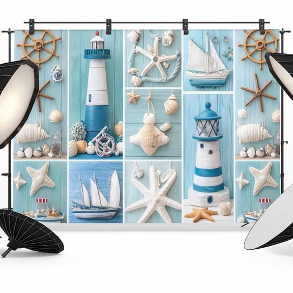 10x8ft Photo Backdrop, Nautical Lighthouse Soft Polyester Backdrop Curtains Photography Backdrops, Ocean Starfish Anchor Sailboat Shell Brushed Background for Photoshoots Studio Portrait Parties