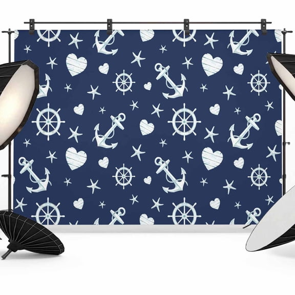 10x8ft Photo Backdrop, Navy Blue Nautical Soft Polyester Backdrop Curtains Photography Backdrops, Cosatal Ocean Sea Anchor Starfish Brushed Background for Photoshoots Studio Video Portrait Parties