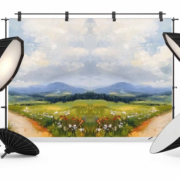 10x8ft Photo Backdrop, Oil Painting Soft Polyester Backdrop Curtains Photography Backdrops, Modern Grassland Mountain Scenery Brushed Background for Photoshoots Studio Video Portrait Parties