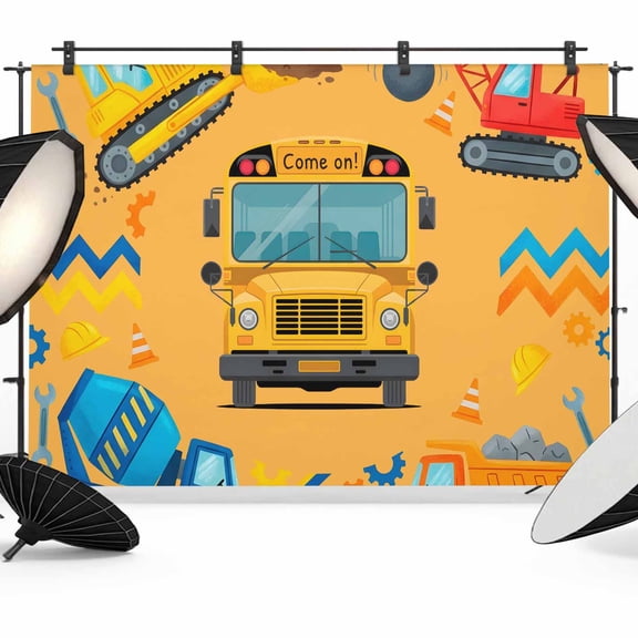 10x8ft Photo Backdrop, Orange Cartoon Truck Soft Polyester Backdrop Curtains Photography Backdrops, Cute Engineering Vehicle Brushed Background for Photoshoots Studio Video Portrait Parties