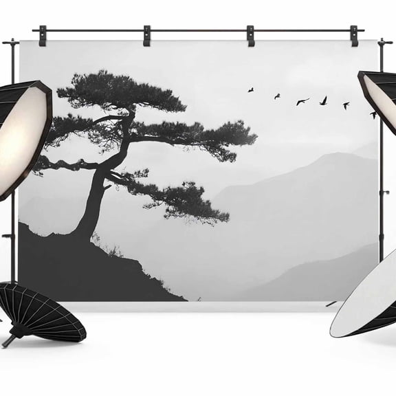 10x8ft Photo Backdrop, Pine Trees Soft Polyester Backdrop Curtains Photography Backdrops, Modern Nature Foreset Mountains Birds Brushed Background for Photoshoots Studio Video Portrait Parties