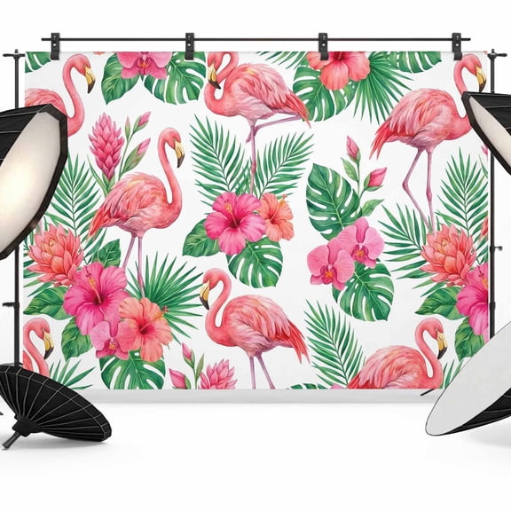 10x8ft Photo Backdrop, Pink Flamingo Soft Polyester Backdrop Curtains Photography Backdrops, Summer Tropical Palm Leaves Floral Brushed Background for Photoshoots Studio Video Portrait Parties