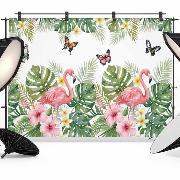 10x8ft Photo Backdrop, Pink Flamingo Soft Polyester Backdrop Curtains Photography Backdrops, Summer Tropical Palm Leaves Floral Butterfly Brushed Background for Photoshoots Studio Video Portrait